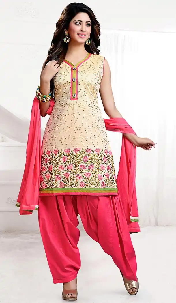 Chanderi Silk Beige Color Straight Cut Punjabi Patiyala Readymade Dresses | FH500476567