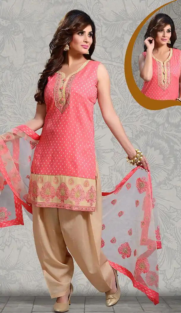 Jacquard Salmon Color Straight Cut Punjabi Patiyala Readymade Dresses | FH500476569