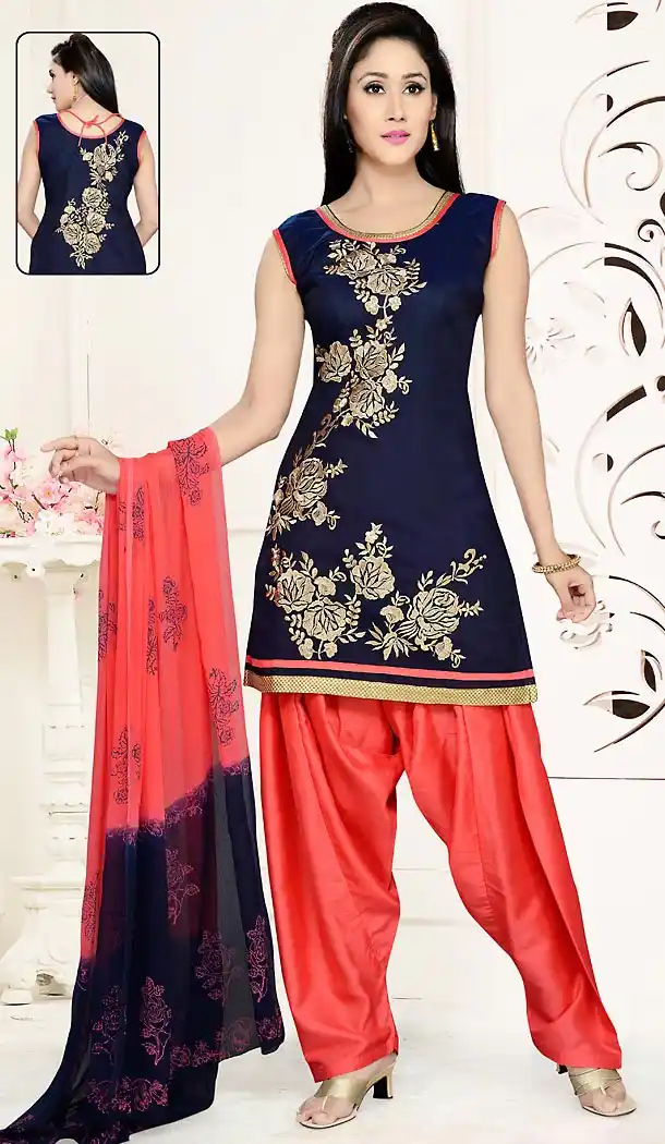 Navy Blue Color Straight Cut Chanderi Silk Punjabi Patiyala Readymade Dresses | FH500576574