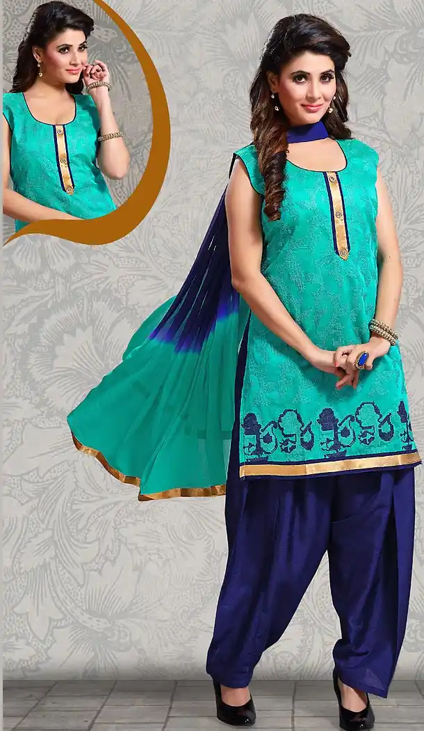 Turquoise Color Straight Cut Chanderi Silk Punjabi Patiyala Readymade Dresses | FH500576577