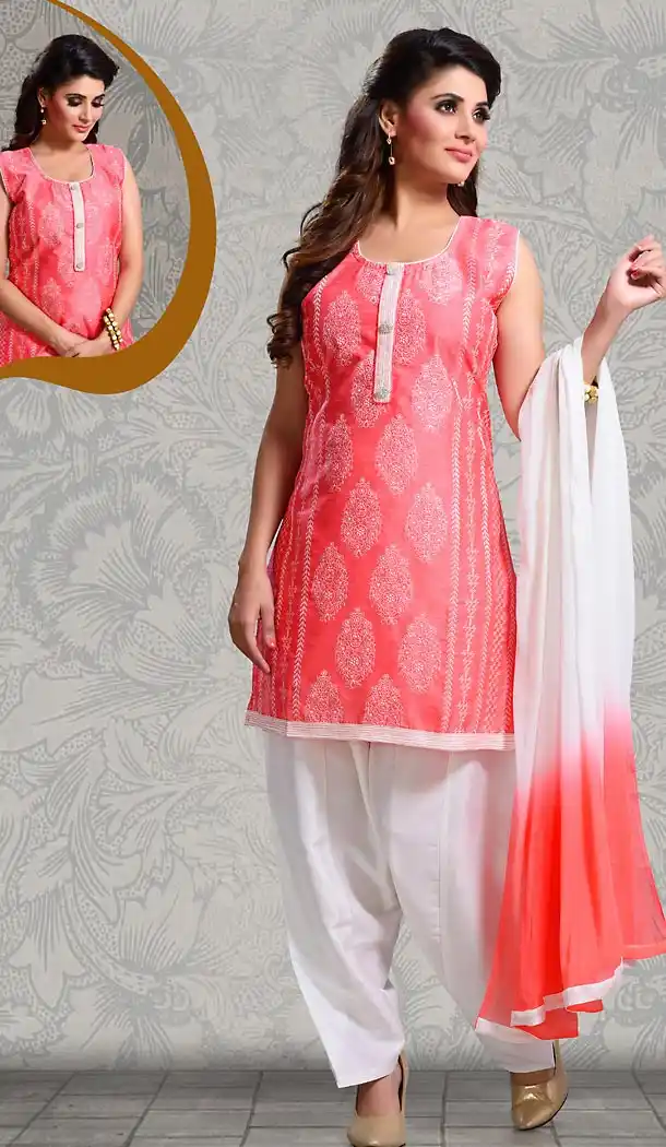 Salmon Color Straight Cut Chanderi Silk Punjabi Patiyala Readymade Dresses | FH500576578