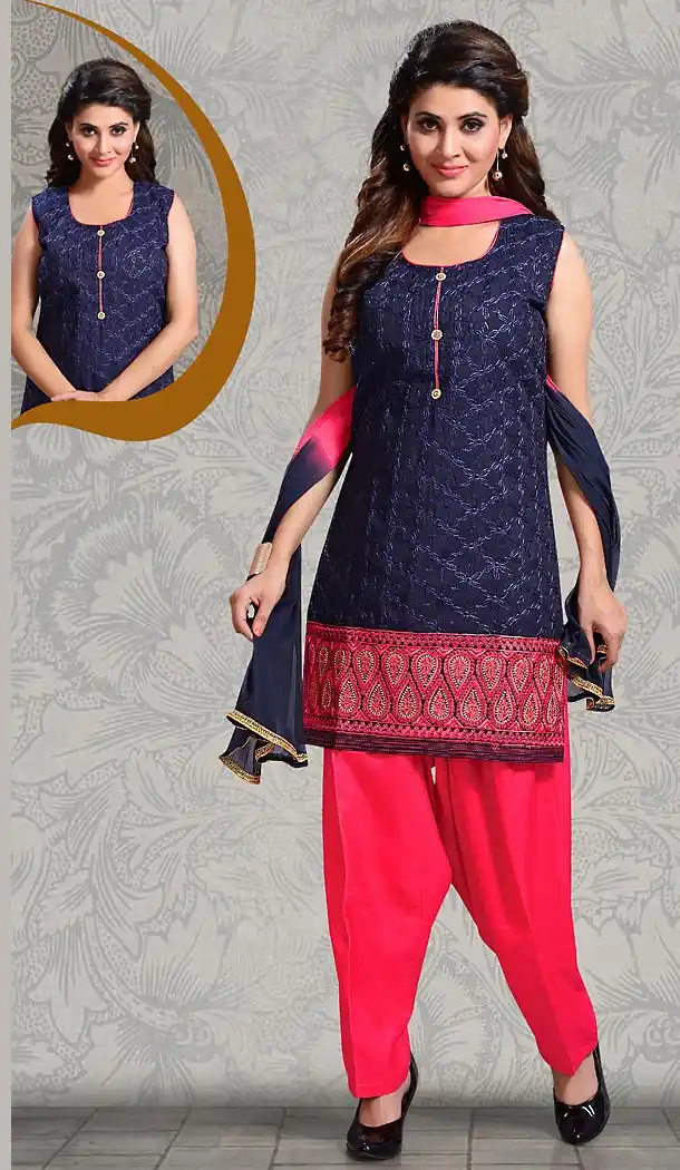 Navy Blue Color Straight Cut Chanderi Silk Punjabi Patiyala Readymade Dresses | FH500576579