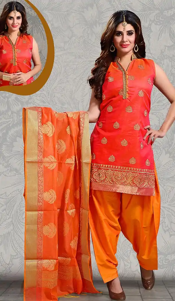 Red Color Straight Cut Chanderi Silk Punjabi Patiyala Readymade Dresses | FH500576581