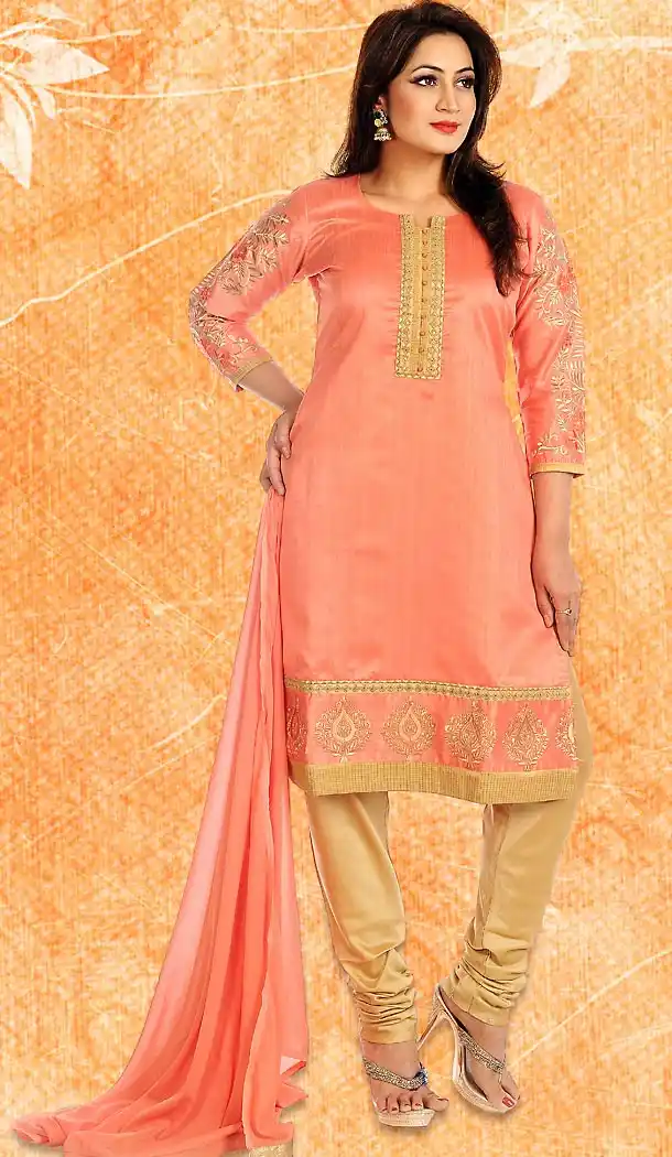 Salmon Color Straight Cut Chanderi Silk Punjabi Patiyala Readymade Dresses | FH500576590