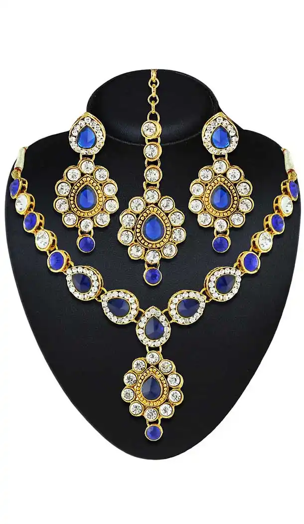 Blue Color American Diamond Work Artificial Jewellery Necklaces Set | FH500676594