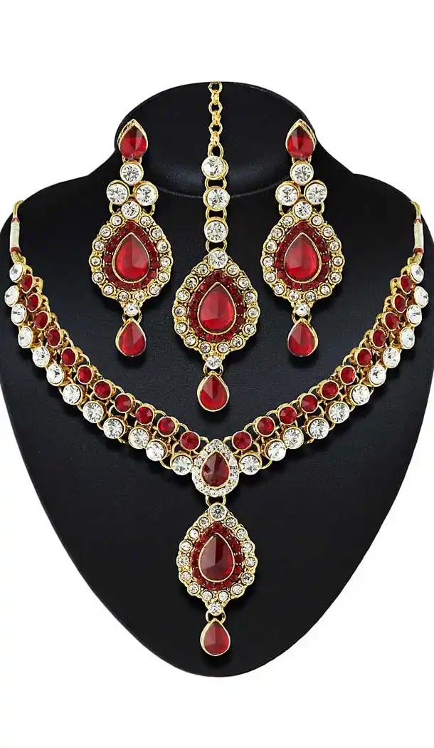 Red Color American Diamond Work Artificial Jewellery Necklaces Set | FH500676595
