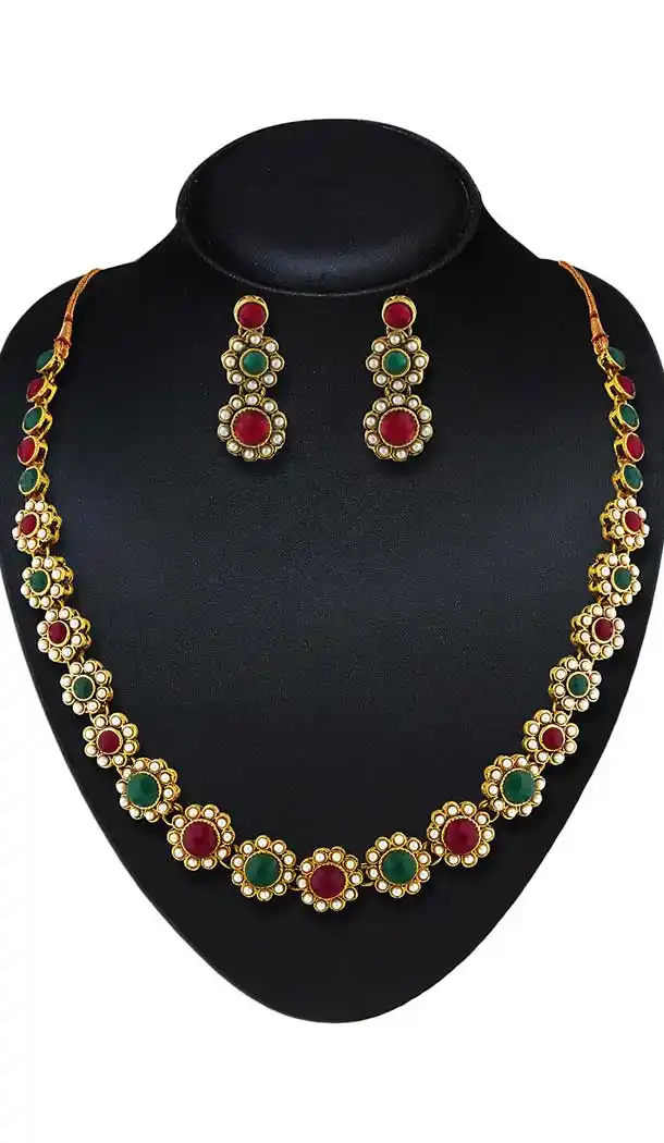 Green,Maroon Color American Diamond Work Artificial Jewellery Necklaces Set | FH500676599