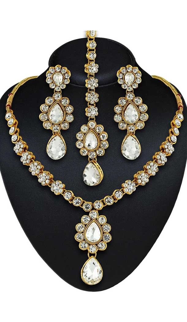 White,Gold Color American Diamond,Stone Work Fashion Necklaces Set | FH500776602