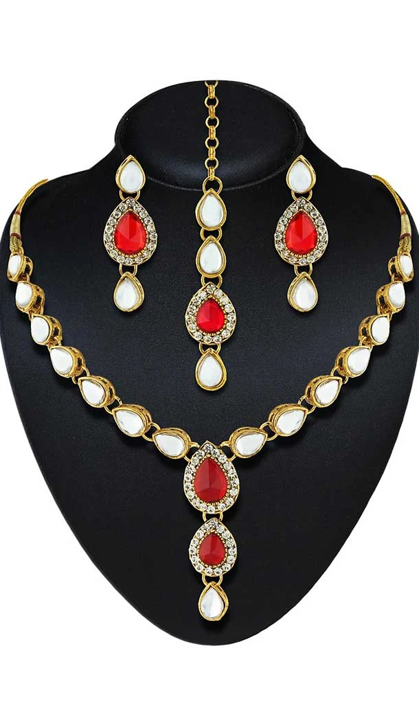 Red,White,Gold Color American Diamond,Stone Work Fashion Necklaces Set | FH500776604