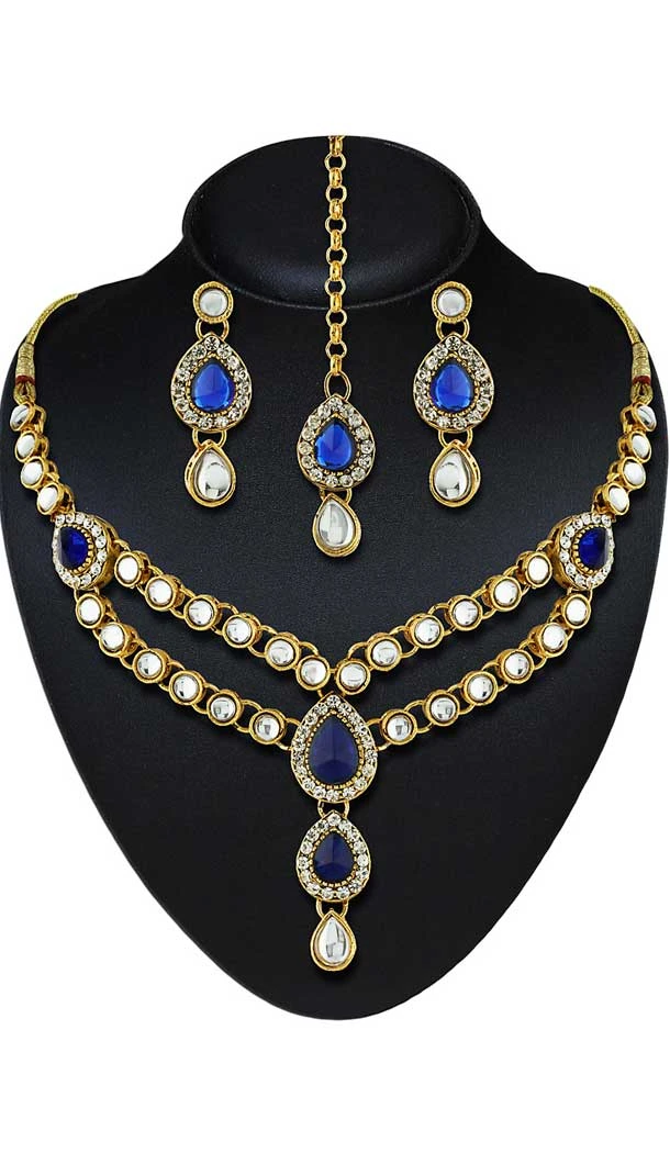 Grey,Blue Color American Diamond,Stone Work Fashion Necklaces Set | FH500776605