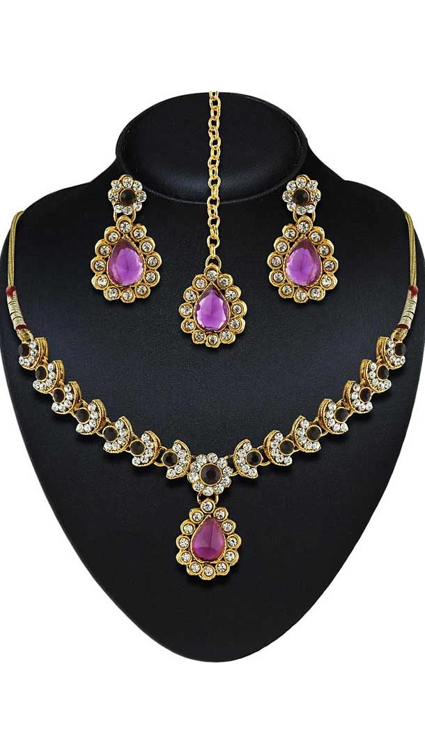 Purple,Gold Color American Diamond,Stone Work Fashion Necklaces Set | FH500776608