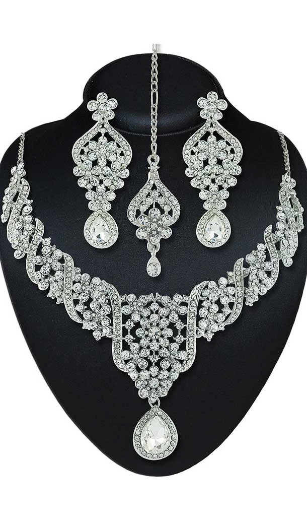 Grey,Silver Color American Diamond,Stone Work Fashion Necklaces Set | FH500776609