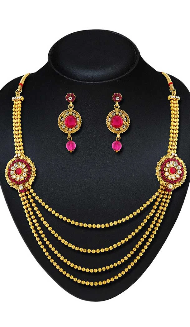 Pink,Gold Color American Diamond,Stone Work Fashion Necklaces Set | FH500776610