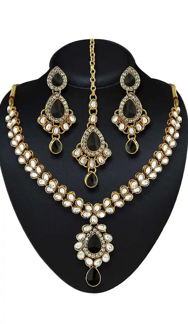 Black,Gold Color American Diamond,Stone Work Fashion Necklaces Set | FH500876615