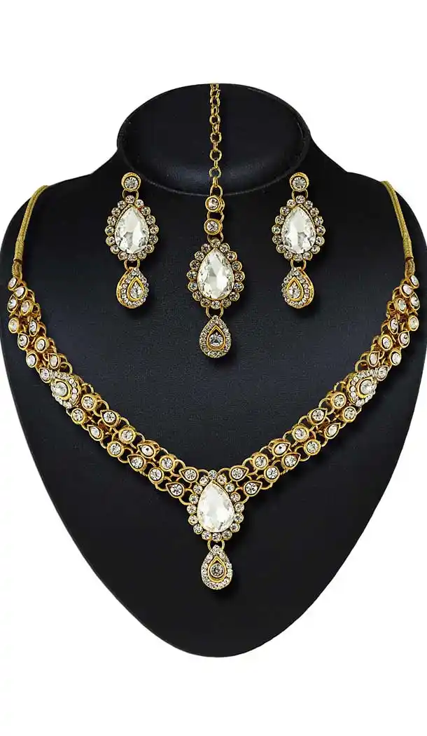 White,Gold Color American Diamond,Stone Work Fashion Necklaces Set | FH500876616