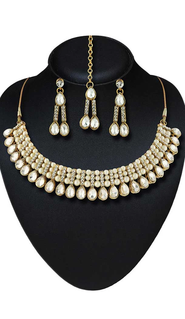 White Color American Diamond Work Artificial Necklaces Set | FH500876619