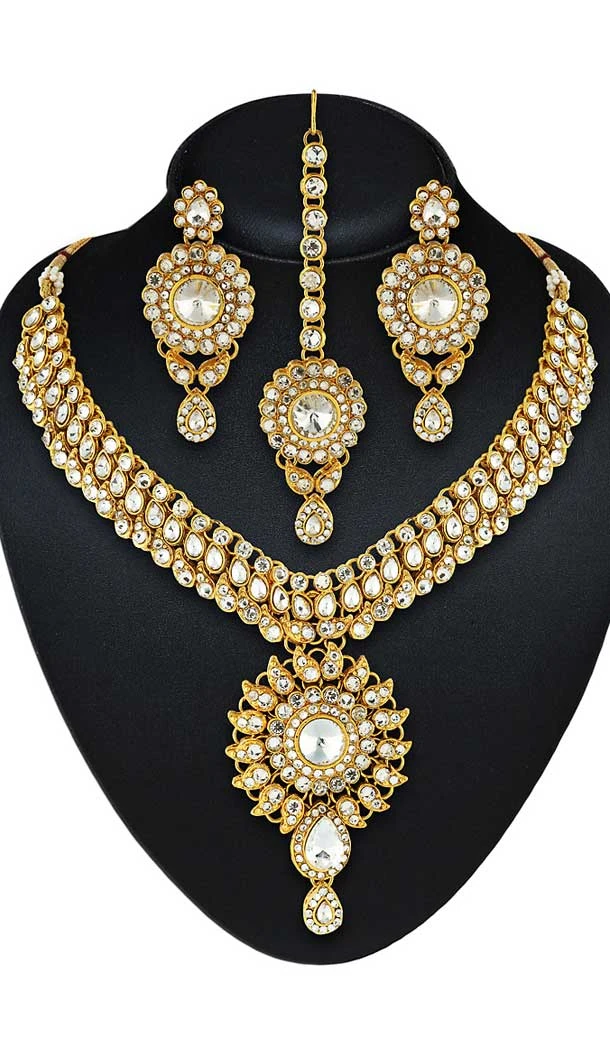 White,Gold Color American Diamond Work Fashion Necklaces Set | FH500976623