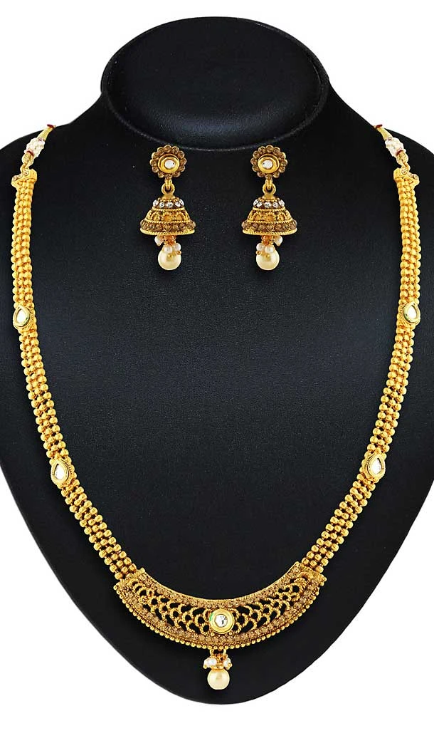 Gold Color American Diamond Work Artificial Necklaces Set | FH500976625