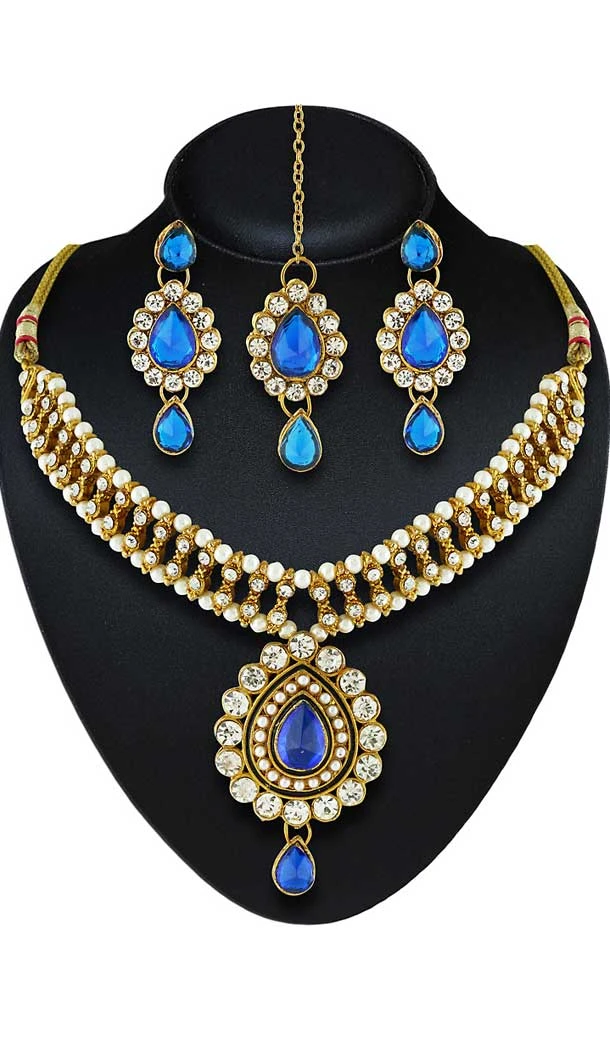 Blue,Gold Color American Diamond Work Artificial Necklaces Set | FH500976626
