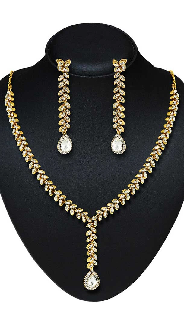 White,Gold Color American Diamond Work Artificial Necklaces Set | FH500976627