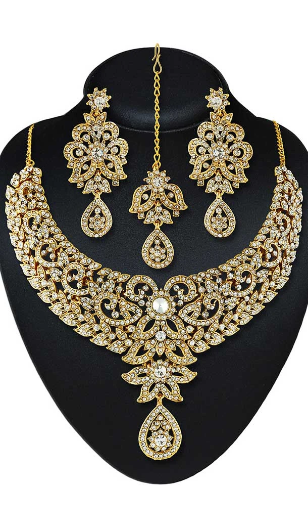 White,Gold Color American Diamond Work Artificial Necklaces Set | FH500976629