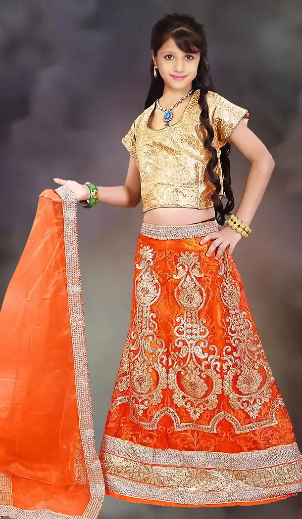 Orange Color Net Circular Style Kids Girls Lehenga Choli | FH501176637