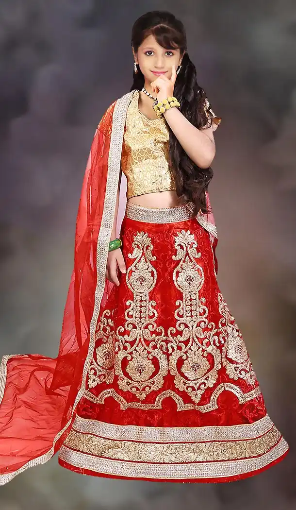Red Color Net Circular Style Kids Girls Lehenga Choli | FH501176640