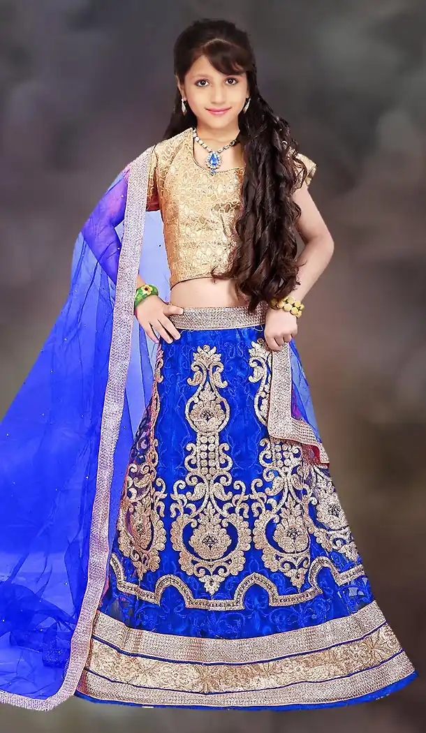 Deep Blue Color Net Circular Style Kids Girls Lehenga Choli | FH501176641