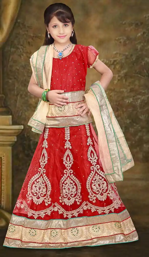 Red Color Net A Line Style Kids Girls Lehenga Choli | FH501276642 