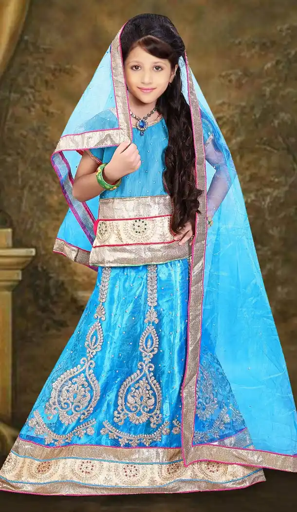Sky Blue Color Net A Line Style Kids Girls Lehenga Choli | FH501276645