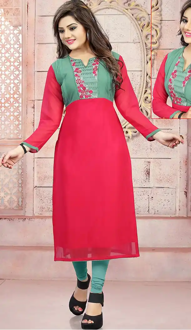 Deep Pink Color Georgette Embroidery Readymade Kurtis | FH501676755