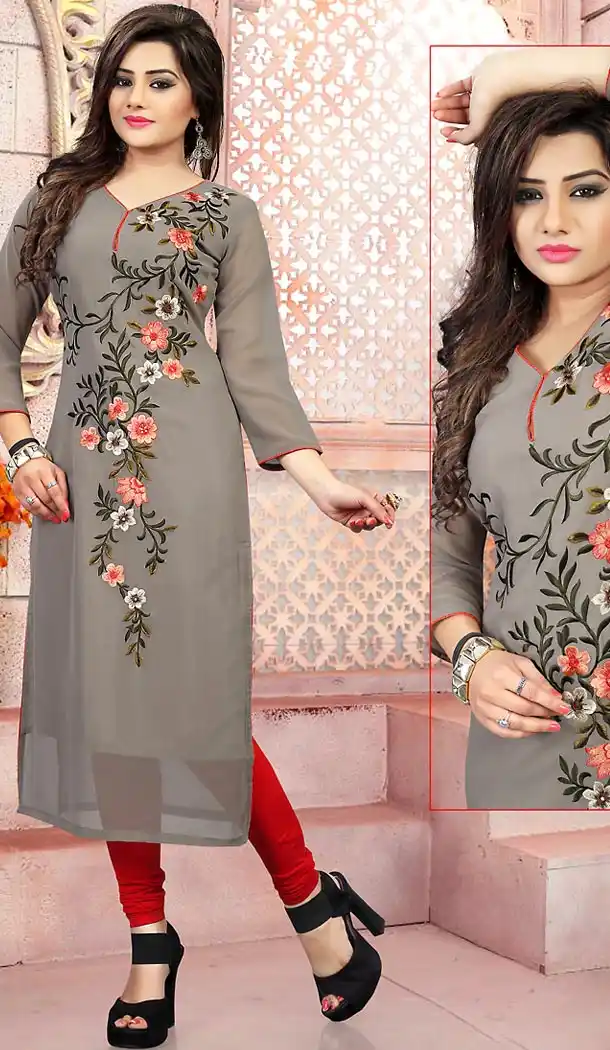 Slate Grey Color Georgette Embroidery Readymade Kurtis | FH501676756