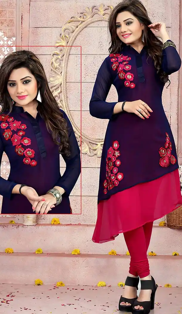 Deep Blue Color Georgette Embroidery Readymade Kurtis | FH501676757