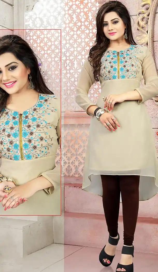 Beige Color Georgette Embroidery Readymade Kurtis | FH501676759