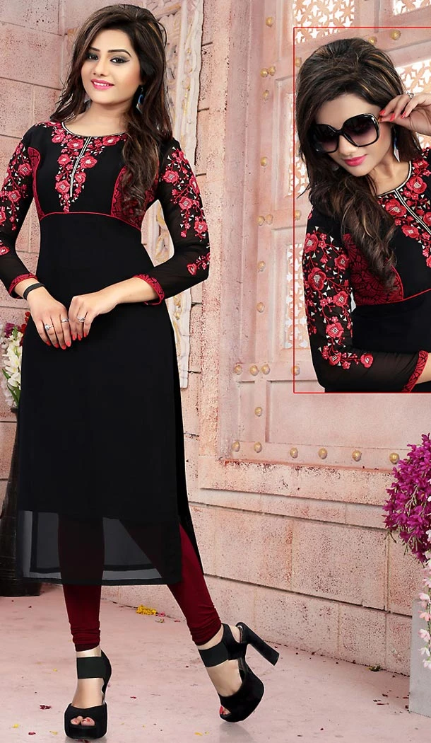 Black Color Georgette Embroidery Readymade Kurtis | FH501676760