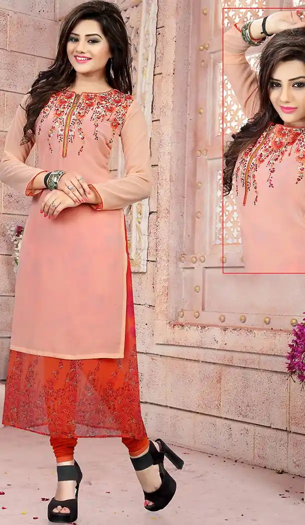Salmon Color Georgette Embroidery Readymade Kurtis | FH501676761