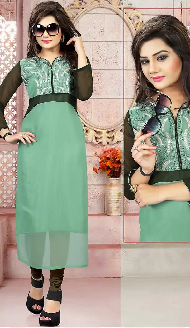 Aloe Vera Green Color Georgette Embroidery Readymade Kurtis | FH501676763