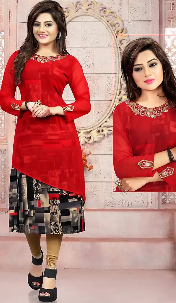 Red Color Georgette Embroidery Readymade Kurtis | FH501676764