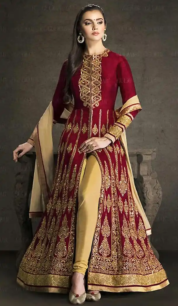 Maroon Color Silk Anarkali Style Party Wear Churidar Kameez | FH501776674