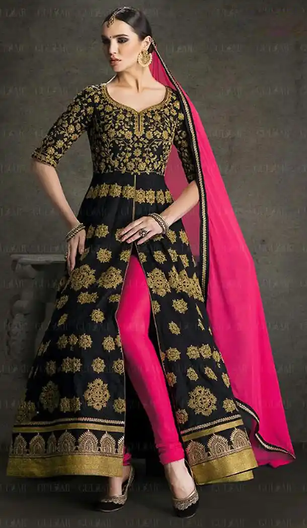 Black Color Silk Achkan Style Party Wear Churidar Kameez | FH501776676