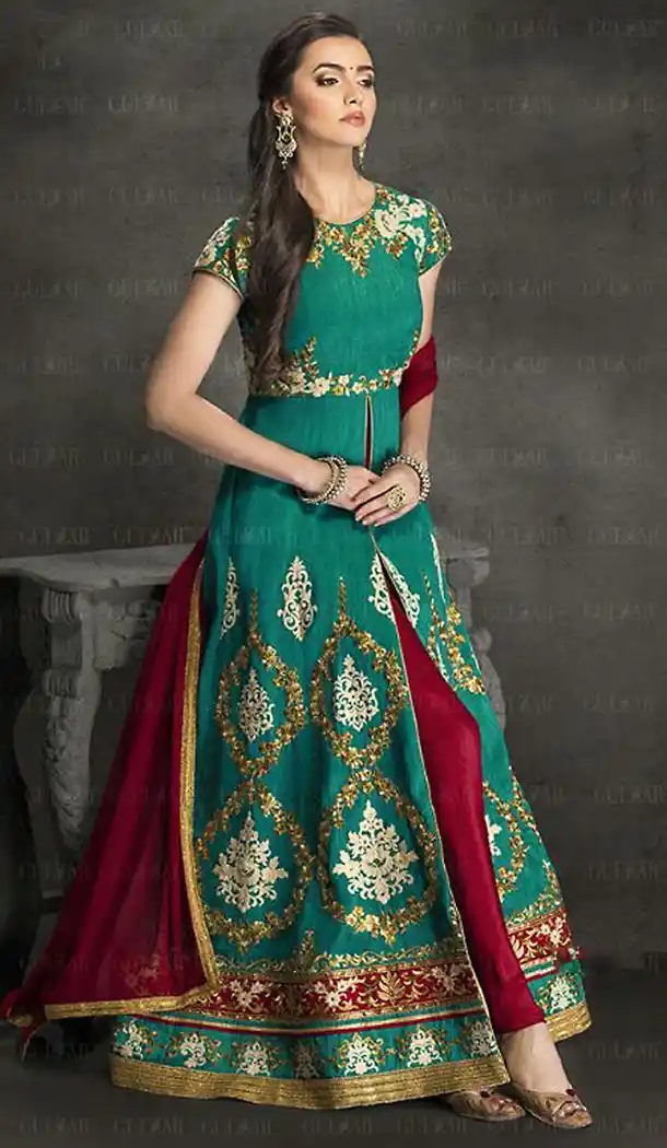 Emerald Color Silk Achkan Style Party Wear Churidar Kameez | FH501776679