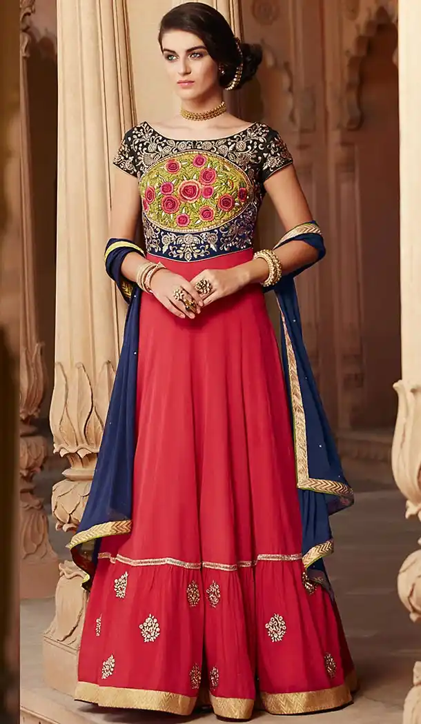 Crimson Color Georgette Long Anarkali Style Churidar Kameez | FH501876681