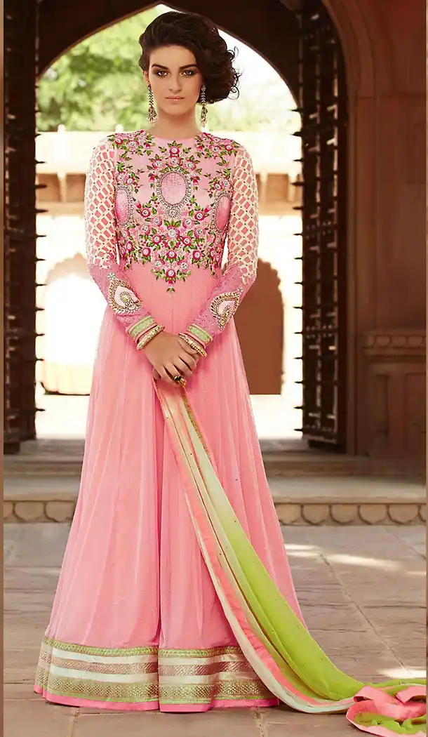 Salmon Color Net Long Anarkali Style Churidar Kameez | FH501876683