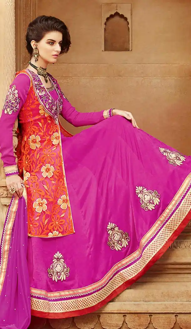 Deep Pink Color Jacquard Long Anarkali Style Churidar Kameez | FH501876684