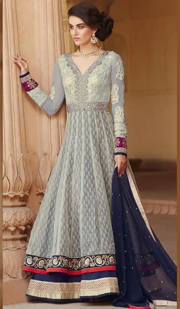 Grey Color Banarasi Silk Long Anarkali Style Churidar Kameez | FH501876686