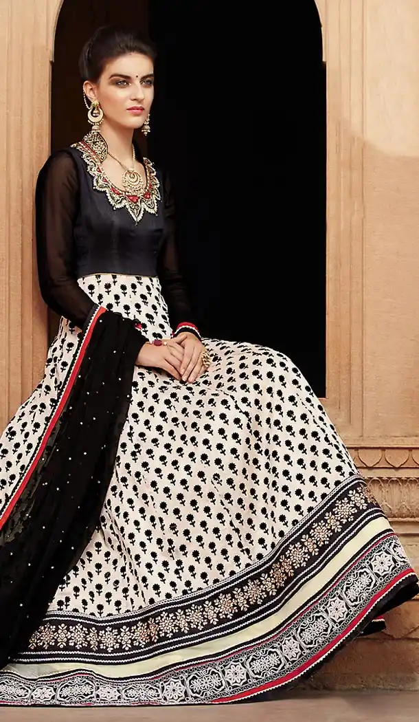 Off White Color Banarasi Silk Long Anarkali Style Churidar Kameez | FH501876690
