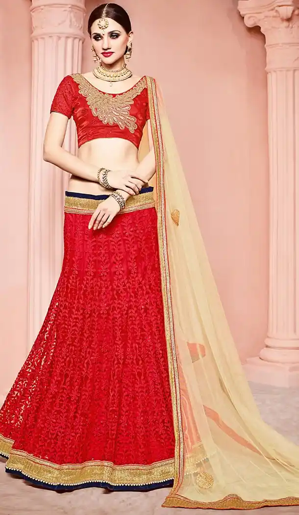Crimson Color Net Circular Style Designer Lehenga Choli | FH501976696