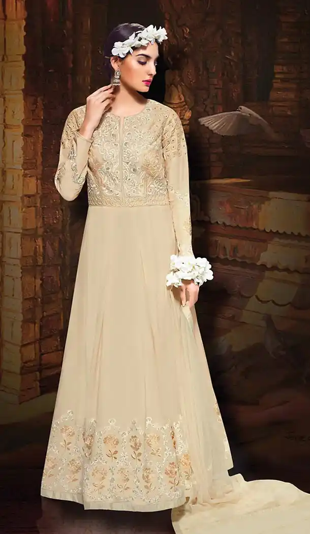 Beige Color Silk Long Anarkali Style Salwar Kameez | FH502076704