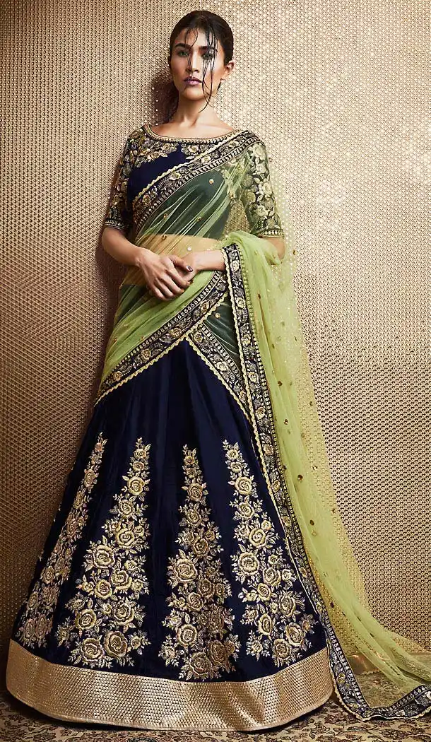 Navy Blue Color Net Lehenga Style Designer Stitched Sari Blouse | FH502176780