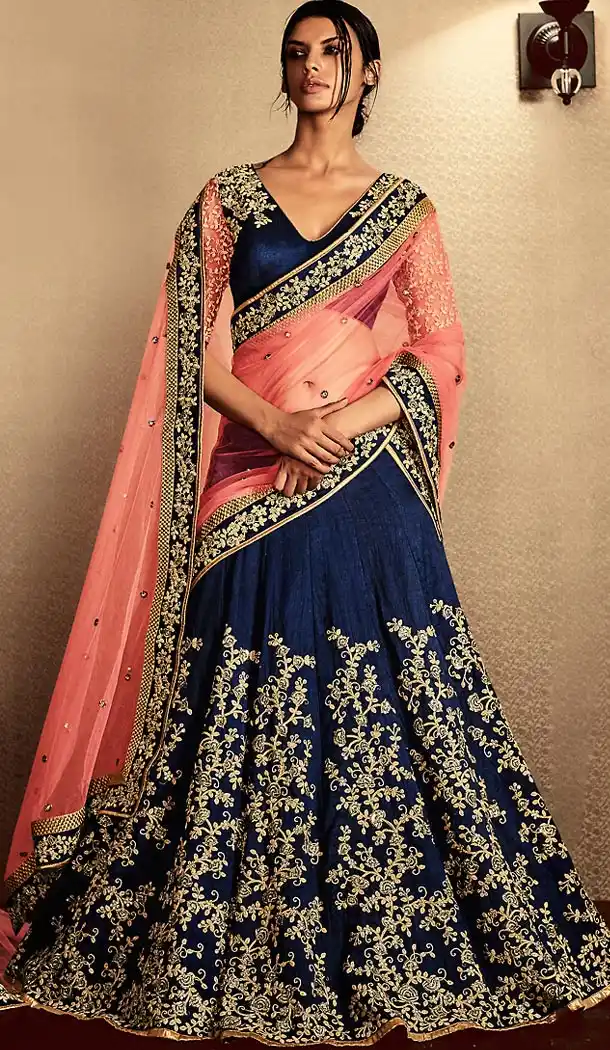 Navy Blue Color Net Lehenga Style Designer Stitched Sari Blouse | FH502176783